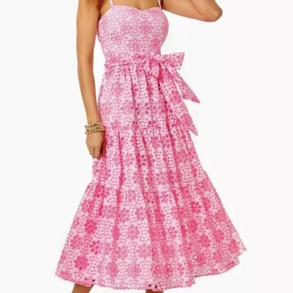 Lilly Pulitzer | Dresses | Lilly Pulitzer Edith Eyelet Midi Dress Pink  Funflower | Poshmark